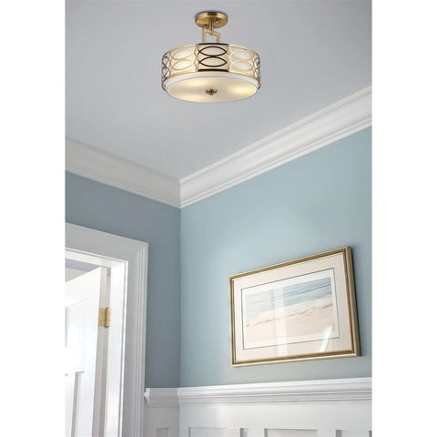 Fifteen Inch Three Light Semi Flush Mount Ceiling Light With White Fabric Shade And Glass Diffuser In Chrome Finish Sleek Modern Vibe Intricate Lattice Detailing Perfect For Living Room Or Foyer Decor Easy To Install