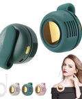 Ultra Quiet Mini Bladeless Portable Neck Fan With Hands Free Clip, green and pink models, USB cable, and woman using fan