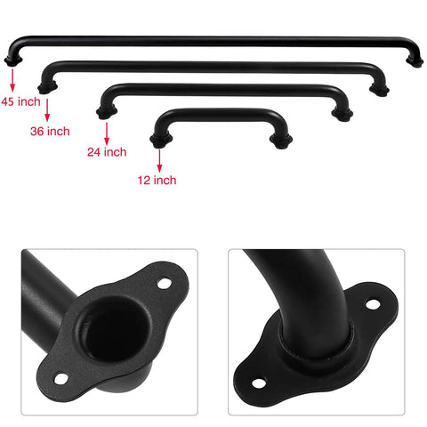 36 Inch Black Metal Stairs Railing Indoor Outdoor Heavy Duty Industrial Pipe Handrail Wall Mount Stair Rail Banister Deck Rail Safety Grab Bar for Seniors and Disabled Rock Solid Grip showcasing four sizes with close-up of mounting base