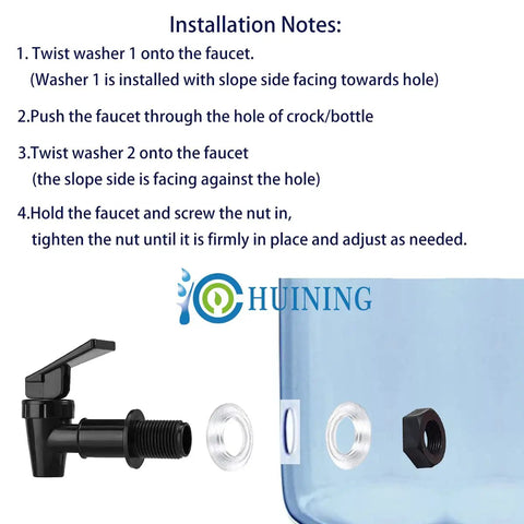 Universal Water Spigot for 5 Gallon Buckets and Barrels installation guide with faucet, washers, nut for easy install