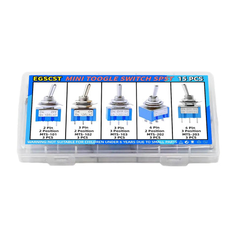 Assorted Mini Toggle Switch Kit 2 Pin 3 Pin 6 Pin SPST SPDT Latching Micro Rocker On Off On 6A 125V 15 pcs box front view