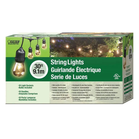Box of 30 Foot Outdoor String Lights With 10 Incandescent Sockets Dimmable Weather Resistant Black Wire for versatile use