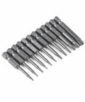 Awesome Hollow Torx Screwdriver Bit Set Made From Tough Alloy Steel With Center Pin Hole. 11-piece alloy steel bit set, angled view