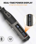 Cordless 4V grey rotary tool with digital speed display (side view)
