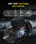 Three Horsepower Farm Duty Single Phase Electric Motor 1750 RPM Four Pole 184T TEFC IP55 230V 14.5A