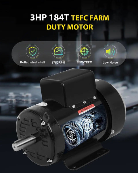 Three Horsepower Farm Duty Single Phase Electric Motor 1750 RPM Four Pole 184T TEFC IP55 230V 14.5A