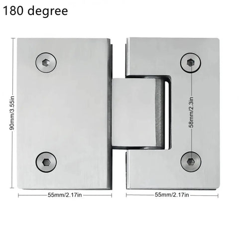Hella Heavy Duty Glass Door Hinges Featuring Slick Stainless Steel Design For Effortless 90 Or 180 Degree Cabinet Swings And Kickass Bathroom Display Hardware That Rocks, showing dimensions and pivot action.