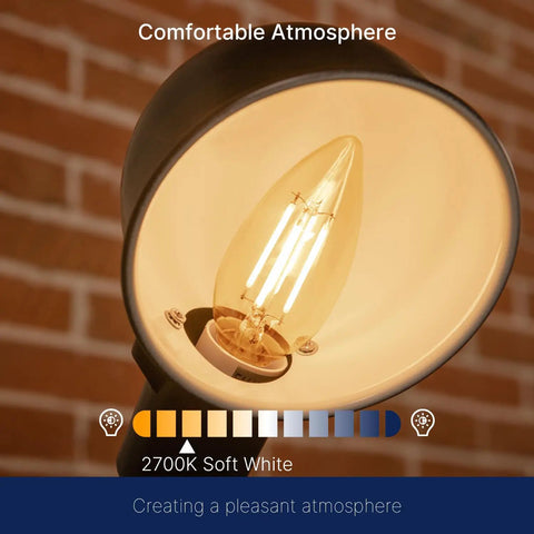 Close-up of Dimmable LED Candelabra Bulb 60W Equivalent B11 Chandelier Light with E26 Base, 2700K Soft White, glowing inside a lamp.