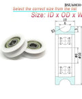 U Type Groove Bearing Wheel Set 8x40x10 Mm Nylon Track Guide Roller Pulley With 8 Mm Bore And 40 Mm Diameter Low Friction Ball Raceway Precision Ground For Quiet Smooth Operation Durable Wheel For Motors, Robots, And 3D Printers Two Pack, with two white U groove wheels and size diagram
