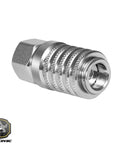 Heavy Duty Test Port Quick Couplings For Diagnostic Equipment One Quarter Inch 18 Female NPTF Threads High Pressure Up To Six Thousand PSI SAE J1502 ISO 15171 1 Compliant, side view of metal quick coupling connector.