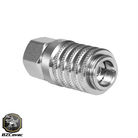 Heavy Duty Test Port Quick Couplings For Diagnostic Equipment One Quarter Inch 18 Female NPTF Threads High Pressure Up To Six Thousand PSI SAE J1502 ISO 15171 1 Compliant, side view of metal quick coupling connector.