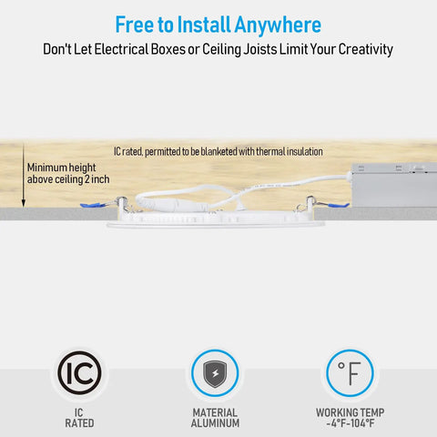 Installation diagram of Low Profile 6 Inch LED Recessed Light With Junction Box Pack Of 4, 3000K Warm White, 12W Equal To 100W.
