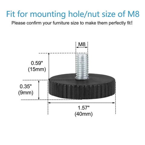 Adjustable M8 Leveling Feet for Furniture Legs, 40mm Base Floor Protectors, Height Adjustment 9 to 24mm, diagram shown