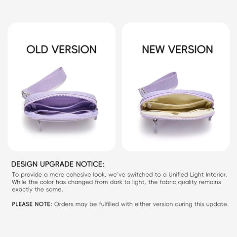 Comparison of old and new versions of Women's Wristlet Wallet With RFID Blocking Quilted Nylon Phone Clutch showcasing interior color change.