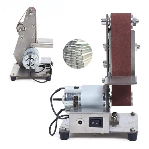 Heavy Duty Stainless Steel 100W Electric Belt Sander Featuring Variable 4500 To 9000 Rpm Settings side view shows motor and abrasive belt.