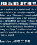 Cougar Pro limited lifetime warranty text on warranty terms and contact information in product documentation.