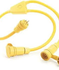 Watertite Wet Location Molded Y Cordset 12-Gauge SOW Cable, 3 ft, yellow, NEMA 5-15 125V 15A, showing connectors and cable.