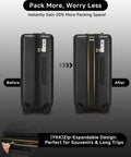 Expandable 20 Inch Carry On Luggage With Shock Absorbing Braking Spinner Wheels, before and after expansion view, TSA lock detail.