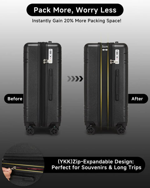 Expandable 20 Inch Carry On Luggage With Shock Absorbing Braking Spinner Wheels, before and after expansion view, TSA lock detail.