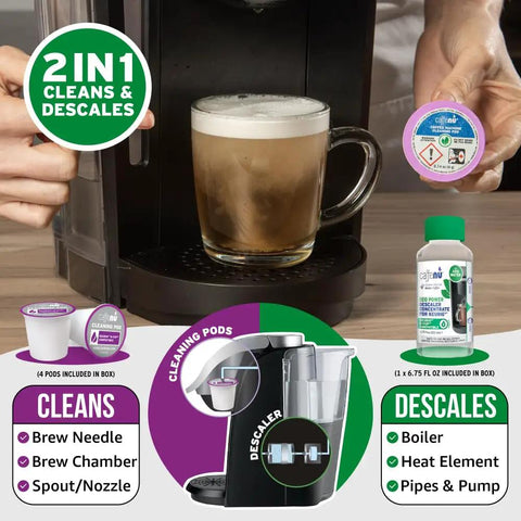 Compatible Descaling Solution And Cleaner Pods For Keurig Machines, Removes Limescale, Cleans Pod Area, Delivers Better Tasting, Hotter Coffee, Includes Four Uses Of Descaler And Cleaner