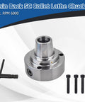 Beefy 5C Collet Lathe Chuck Closer With 5 Inch Plain Back, Recessed 3.740x0.184 bore, collet closer, bolts, and chuck key on display
