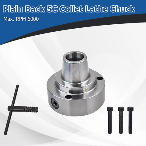 Beefy 5C Collet Lathe Chuck Closer With 5 Inch Plain Back, Recessed 3.740x0.184 bore, collet closer, bolts, and chuck key on display