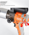 Hella Heavy Duty Cordless Electric Hydraulic Crimping Pliers For Copper And Aluminum Cable Lug Terminals With No Fuss Operation And Slick Swivel Jaw With Fast Lithium Battery Pack close-up on control dial and heat dissipation features.