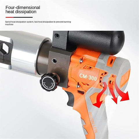 Hella Heavy Duty Cordless Electric Hydraulic Crimping Pliers For Copper And Aluminum Cable Lug Terminals With No Fuss Operation And Slick Swivel Jaw With Fast Lithium Battery Pack close-up on control dial and heat dissipation features.