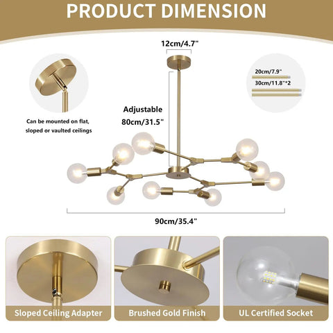 Diagram showing dimensions of Lit Brushed Brass Sputnik Chandelier With Adjustable Hanging Arms Industrial Flush Mount Ceiling Light Fixture