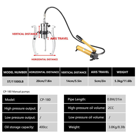 Heavy Duty Hydraulic Gear Puller With Hand Pump, 5 To 50 Ton Capacity, showing dimensions and specifications for precise use.