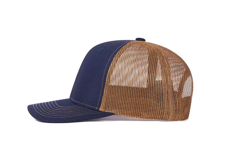 Side view of Western Farm Tractor Trucker Hat With Embroidered Design Custom Text Adjustable Mesh Back Cap Navy Brown Lightweight.