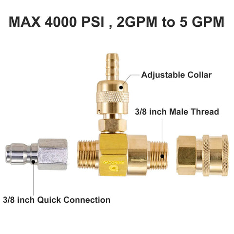 Beast Chemical Injector Kit For Pressure Washer Up To 4000 PSI Three Eighths Inch Quick Connect close-up with parts labeled