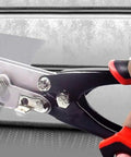 5 Blade Sheet Metal Crimping Tool For Ductwork And Gutters in use crimping metal sheet, showing hand-held operation and blades