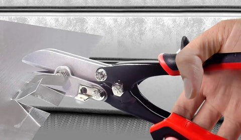 5 Blade Sheet Metal Crimping Tool For Ductwork And Gutters in use crimping metal sheet, showing hand-held operation and blades