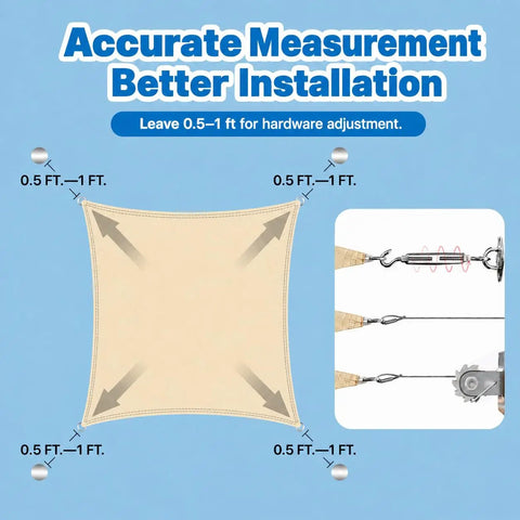 Beige 9.5 Foot By 9.5 Foot Square Shade Sail Canopy Waterproof Outdoor Sun Shade installation guide with tension ropes.