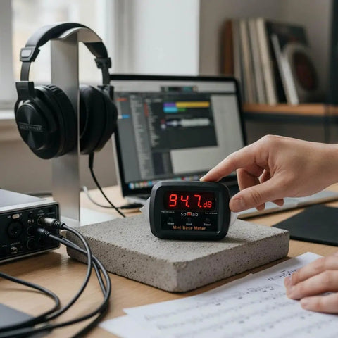Compact Bass Meter for Car Audio and Home Theater, Ultra Precise SPL Meter with Plug and Play Readings, on desk with 94.7 dB display