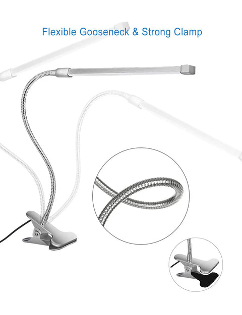 Flexible LED Gooseneck Clip On Desk Lamp With 8W Power, Dimmable Reading Light, USB Clamp Light, shown with flexible neck and clamp, silver
