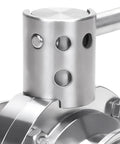 Close-up of stainless steel 2-inch sanitary tri-clamp butterfly valve with pull handle