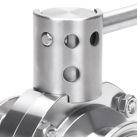 Close-up of stainless steel 2-inch sanitary tri-clamp butterfly valve with pull handle