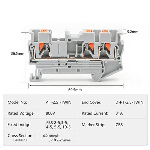 Front view of Ten Pack 2.5mm Twin Wire Terminal Block Kit for DIN rail with spring clamp wiring, compatible with 24-12 AWG.