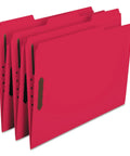 Letter Size Red Fastener Folders With Heavy Duty Embedded Straps And Assorted One Third Cut Tabs For Hustle Free Filing And Crisp Office Archiving Pack Of Fifty, showing three red folders with cut tabs.