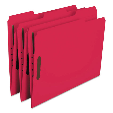 Letter Size Red Fastener Folders With Heavy Duty Embedded Straps And Assorted One Third Cut Tabs For Hustle Free Filing And Crisp Office Archiving Pack Of Fifty, showing three red folders with cut tabs.