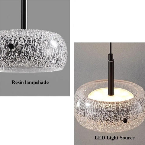 Resin Pendant Light, Gold 3 Color LED Hanging Fixture for Living Room with textured resin lampshade and LED light source.