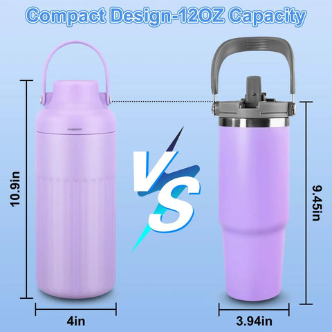 Portable Breast Milk Cooler 12oz With Two Bottles 30 Hours Cold Storage comparing two purple insulated containers in dimensions.