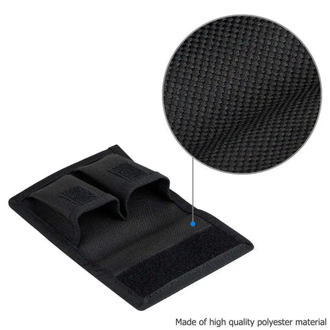 Durable Camera Battery Pouch Case for 2 Batteries with Zipped Card Pocket, high-quality polyester material close-up.