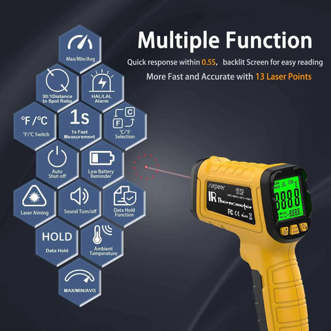 Go-To Non Contact Infrared Thermometer Gun With 50 To 1 Distance Ratio showing multiple function features