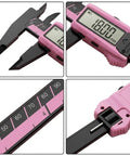 Digital Vernier Caliper 150mm Nylon Body Metric Inch displaying precision measurement of 18.00mm with a pink design.