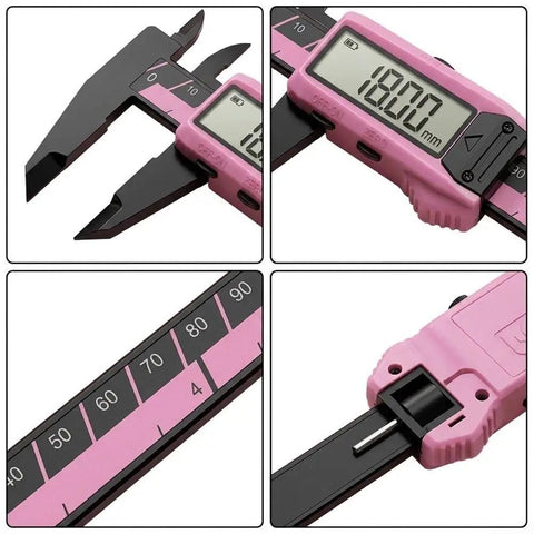 Digital Vernier Caliper 150mm Nylon Body Metric Inch displaying precision measurement of 18.00mm with a pink design.