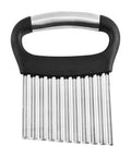 Front view of stainless steel crinkle cutter with black ergonomic handle; kitchen tool for cutting potatoes and vegetables.