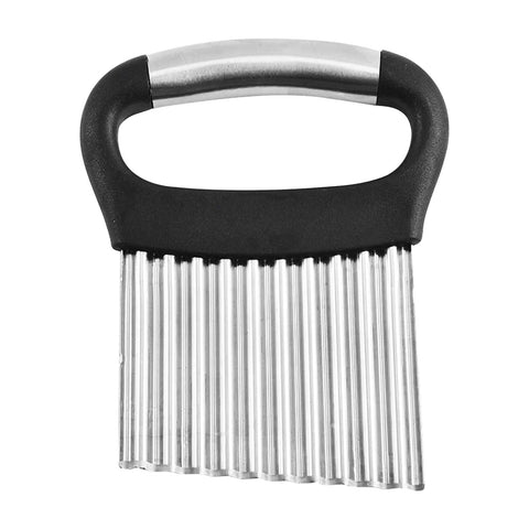 Front view of stainless steel handheld French fry cutter with black ergonomic handle and multiple vertical blades